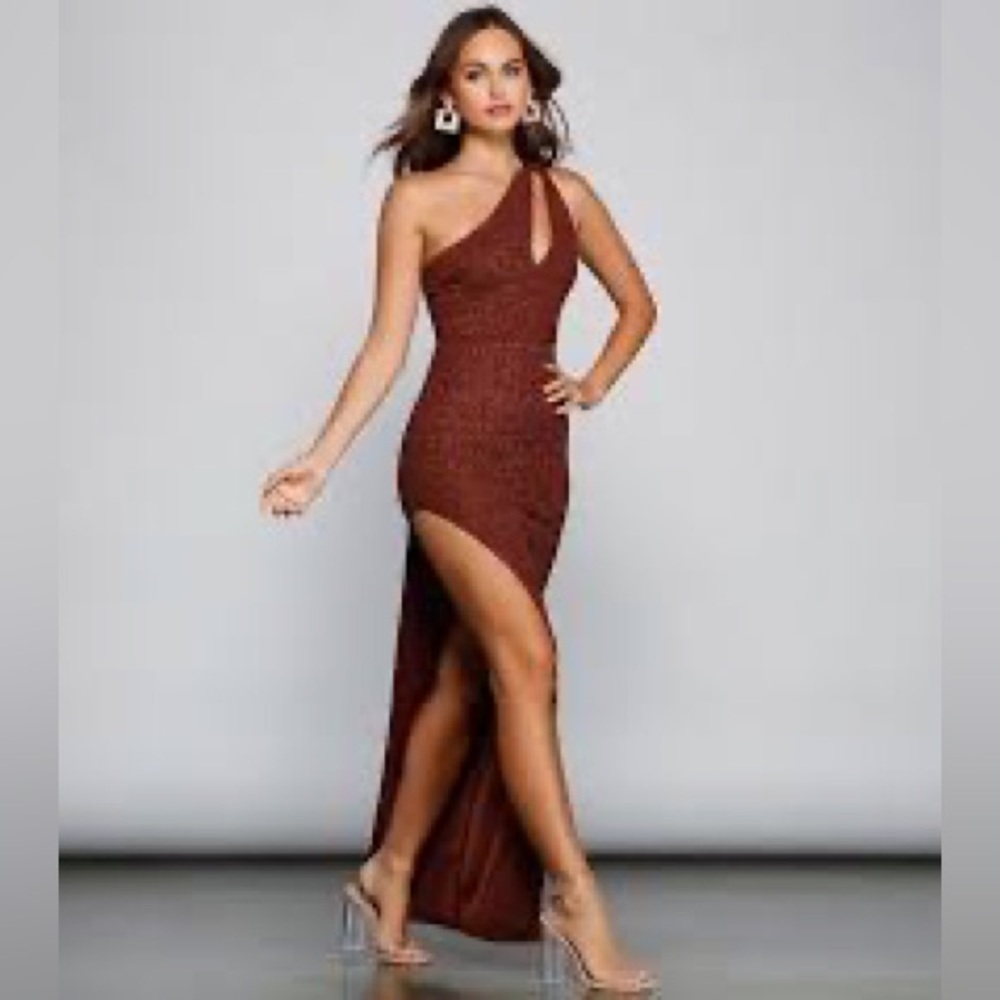 Red Floor Length One Shoulder Prom Party Dress with Shimmer and Side Slit, XL